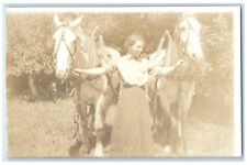 c1910's Horses And Woman Scene Field RPPC Photo Unposted Antique Postcard picture