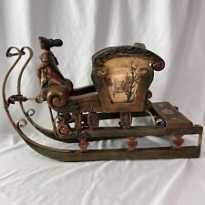 Antique 1900s Austrian German Hand Carved Painted Wood Figure Iron Sleigh Sled picture