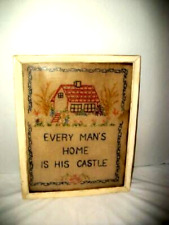 1920s LINEN EMBROIDERY SAMPLER MOTTO COTTAGE CORE FOLK ART CREAMY CHIPPY FRAME picture