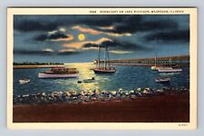 Waukegan IL-Illinois, Moonlight On Lake Michigan, Antique, Vintage Postcard picture