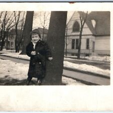 c1910s Winter Young Man Laugh Outdoors RPPC Young Boy Fur Coat Drip Photo A161 picture