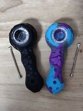 2 PCS (Black+Purple/ Blue) Silicone Tobacco Smoking Pipe With Glass Bowl Spoon picture