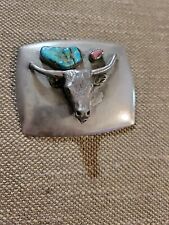 VINTAGE 1950's SILVER & TURQUOISE BELT BUCKLE BULL COW HEAD SKULL SMALL picture