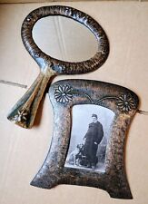 Fabulous Antique Sweden Arts & Crafts Set Copper Picture Frame & Hand Mirror picture