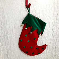 Vtg Red & Green Jingle Bell Velvet Christmas Stocking picture