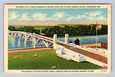 Vincennes IN- Indiana, Aerial Lincoln Memorial Bridge, Antique, Vintage Postcard picture