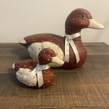 Vintage Ceramic Hand Painted Quilted Fowl Duck Figurines Set Of 2 With Bow picture