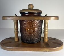 VTG DUN-RITE WOOD 6 PIPE WALNUT HOLDER STAND W/AMBER GLASS HUMIDOR JAR picture