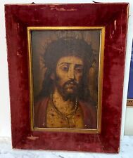 LARGE OLD HAND PAINTED PRINT OF JESUS ICON IN ANTIQUE VELVET COVERED FRAME picture