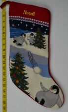 LANDS END Penguins Wool Needlepoint Christmas Stocking Monogrammed NORELL picture