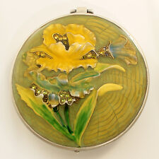 Jeweled flower motif antique look compact mirror, enamel painted w/ crystals  picture