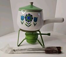 VTG Ceramic MCM Floral Fondue Pot With Stand & Metal Burner Holder Skewers picture