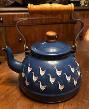 Blue Enamel Tea Kettle Hen Design ~ Vintage Kettle picture