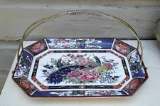 Japanese Imari Style Octagon Porcelain Peacocks/Floral Art Platter/Brass Handle picture