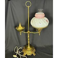 Brass Electric Student Vintage Lamp Painted Milk Glass Shade Clear Glass Chimney picture