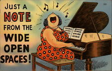 Comic Pun Wide Open Spaces Big Mouth piano singer ~ 1940s linen postcard picture