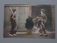 Japan Two Young Geisha Women Kimonos Hagoita Wooden Paddle Game Vintage Postcard picture