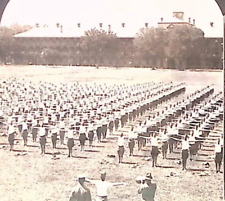 c1918 WWI AMERICAN SOLDIERS DOING CALISTHENICS EXERCISES STEREOVIEW Z1551 picture