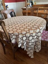 Vtg Handmade Crochet Lace Tablecloth Tan Cotton Rectangle 80 x 56