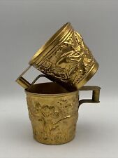 Pair (2) Minoan Mycenaean Replica Ritual Cup Wild Bull 1950s 24 Kt Gold Plated picture