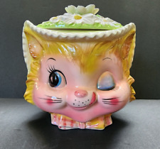 Vintage Enesco RARE winking kitty cookie jar kitschy anthropomorphic labeled picture