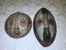 Set Of 2 West African Ashanti Ghana Wood Metal Accented Baluba Masks picture