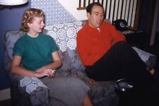 Kodak 35mm Slide 1950s Red Border Kodachrome Cute Young Woman Man on Sofa Party picture