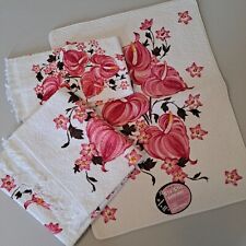 Vintage Bathroom Hand Towel Mat Set Floral MCM Pink Roses 5 Piece Sayco Fringe picture