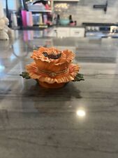 VTG Trinket Box Orange Oriental Poppy Flower Hinged Lid Faux Peridot Gem Clasp picture