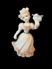 Vintage Lefton 5.5” Porcelain Girl #692 Holding Bouquet Pink Gold picture