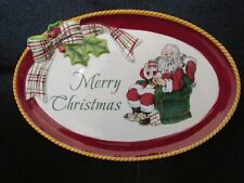 Fitz And Floyd Dear Santa Small Ceramic Platter Merry Christmas Plaid Bow picture