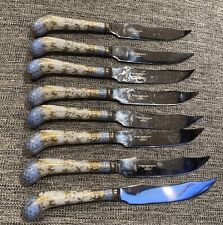 Vintage Prill Sheffield England Floraine Blue Serated Knife Steak Set of 8. picture