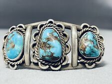 EXTRAORDINARY VINTAGE NAVAJO 3 MORENCI TURQUOISE STERLING SILVER BRACELET picture