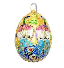 Cloisonne Hanging Decorative Ornament Egg MCM Enamel Brass Peacocks & Flowers 3