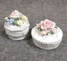 Vintage White Porcelain Trinket Boxes Pastel Art floral Set 2 With Lids Roses  picture