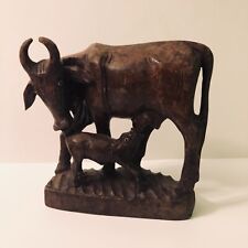 Vintage Handcrafted Wooden Cow and Calf Statue 9 Inch Tall Figure picture