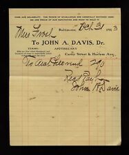 c.1910s JOHN A DAVIS Apothecary Druggist Baltimore, MD Billhead Ephemera #4 picture