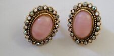 1928 Jewelry Victorian Style AB Stone Rim Pink Cabochon Earrings Vintage picture