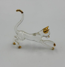 Vintage Glass Cat Figurine Clear Glass Gold Tips Miniature Playful Figurine 2