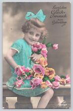 Postcard RPPC Birthday Girl Holding Basket Bouquet Of Flowers Hand Colored Cute picture
