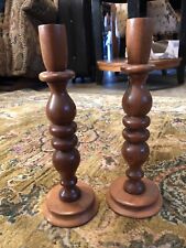 Set Of 2 Hand Made Wood Turned Candle Sticks Holder Pair Vtg picture
