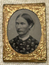 Antique Gem Size Tintype Portrait Woman Gold Gilt Embossed Foil Frame 3/4 x 1