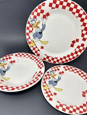 Disney Gabbay Gibson Donald Duck Red Checkered Plates Bowl Set of 3 Vtg picture