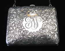 James Blake Co.  /  Engraved Sterling Scroll & Flowers COMPACT PURSE  w/ Chain picture