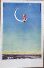 Crescent Moon and Baby, Star, Night Sky 1918 Postcard, Artist signed picture