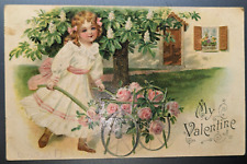 Antique 1907 Valentine Postcard My Valentine ~ Pretty Girl w/Cart of Pink Roses picture