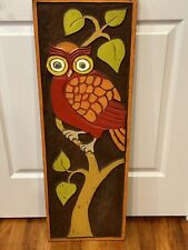 Folk Art Wood Wall Hanging Colorful Owl In Tree 1960s 70s 3’ X 1’ picture