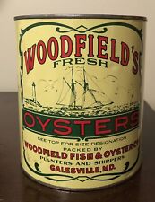 Vintage Woodfield's Fresh Oysters One Gallon Tin Can w/ Lid - Galesville, MD picture