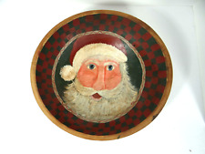 Hand Painted Wooden Santa Serving Bowl Signed Rustic Folk Art picture