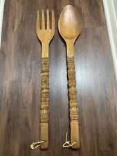 Large Brown Wooden Carved Fork And Spoon picture